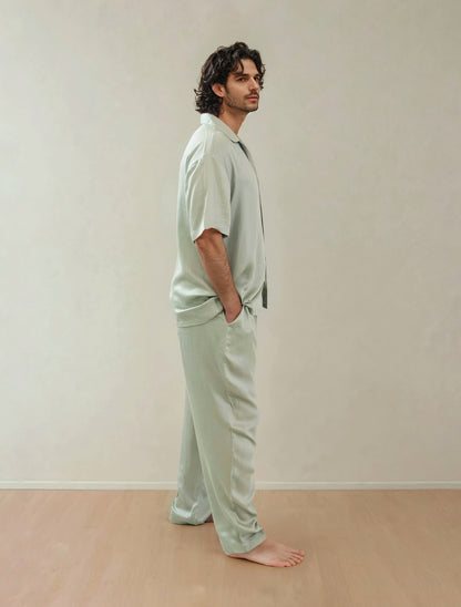 Men Shirt & Pyjama Set - Fine Natural Satin Sleepwear (0% Polyester) - Feather Soft & Ultra Breathable - Myabi