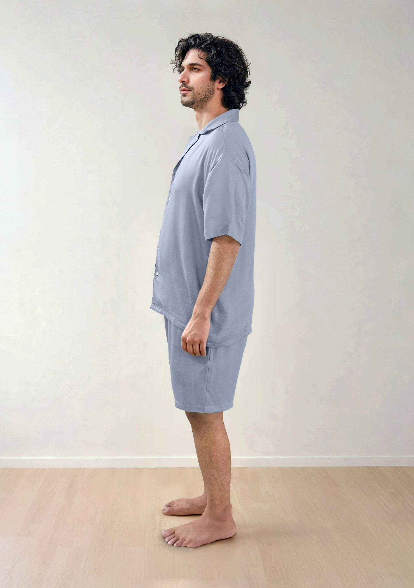 Men Shirt & Shorts Set - Fine Natural Satin Sleepwear (0% Polyester) - Feather Soft & Ultra Breathable - Myabi