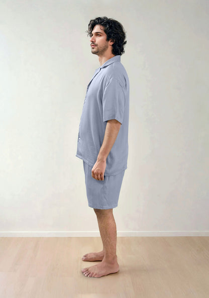 Men Shirt & Shorts Set - Fine Natural Satin Sleepwear (0% Polyester) - Feather Soft & Ultra Breathable - Myabi