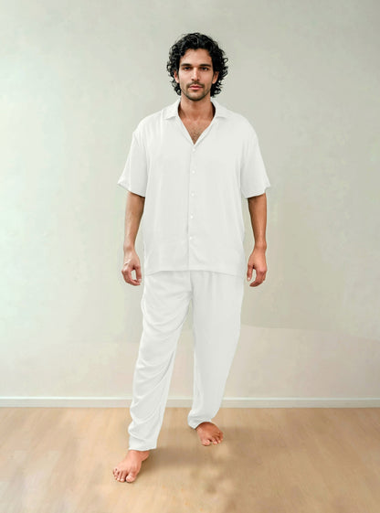 Men Shirt & Pyjama Set - Fine Natural Satin Sleepwear (0% Polyester) - Feather Soft & Ultra Breathable - Myabi