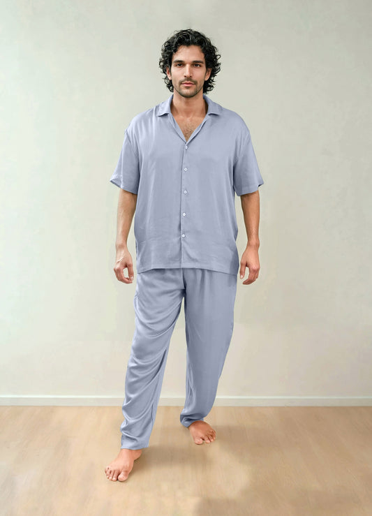 Men Shirt & Pyjama Set - Fine Natural Satin Sleepwear (0% Polyester) - Feather Soft & Ultra Breathable - Myabi