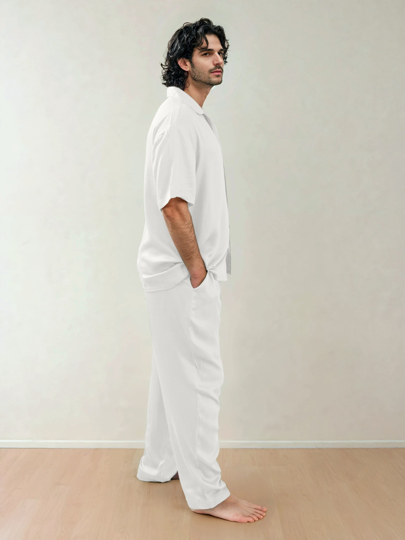 Men Shirt & Pyjama Set - Fine Natural Satin Sleepwear (0% Polyester) - Feather Soft & Ultra Breathable - Myabi