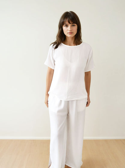 Women T-Shirt & Pyjama Set - 100% Natural Satin Sleepwear (0% Polyester) - Myabi