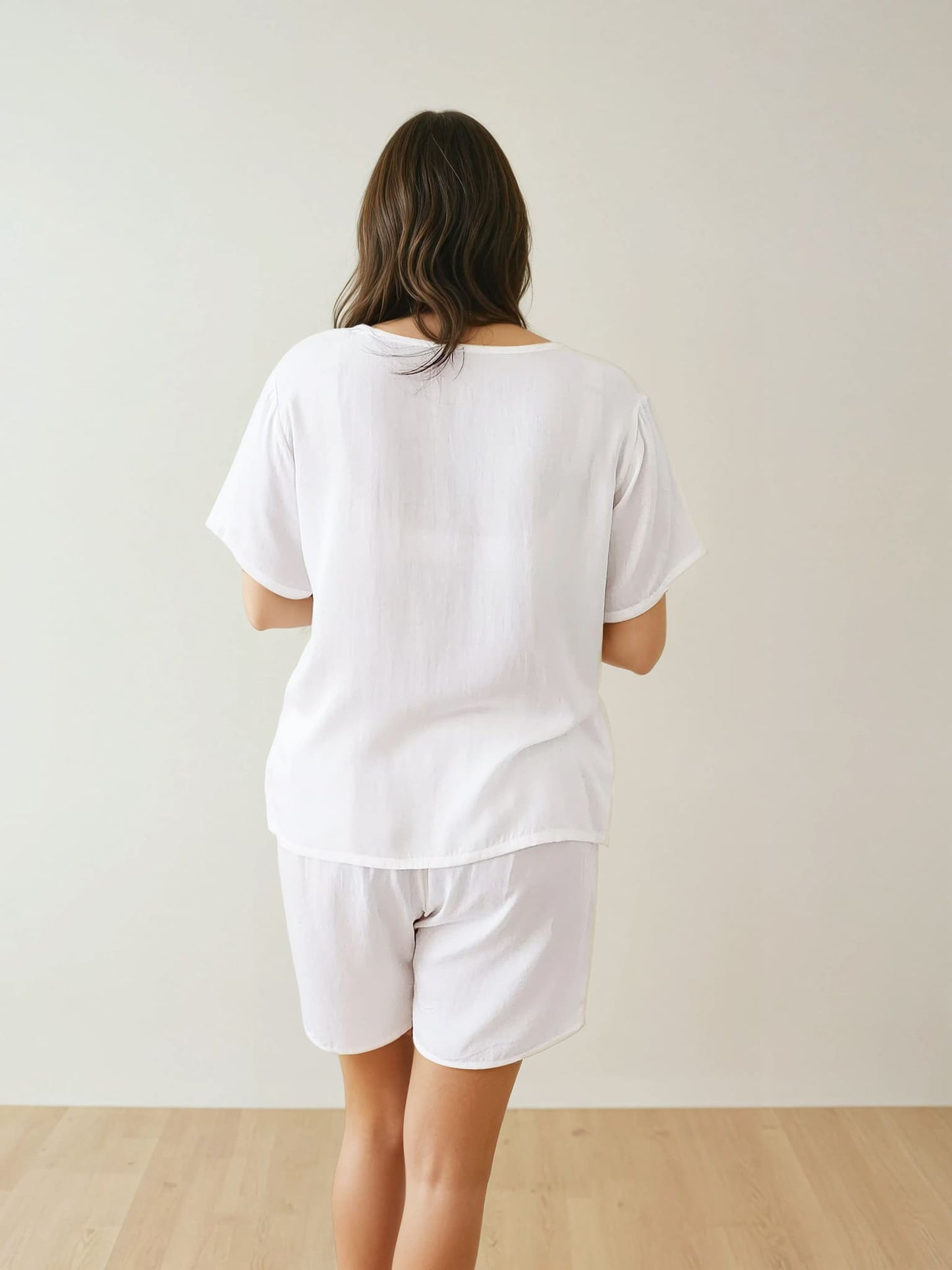 Women T-Shirt & Shorts Set - 100% Natural Satin Sleepwear (0% Polyester) - Myabi