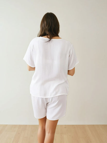 Women T-Shirt & Shorts Set - 100% Natural Satin Sleepwear (0% Polyester) - Myabi