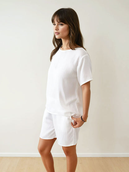 Women T-Shirt & Shorts Set - 100% Natural Satin Sleepwear (0% Polyester) - Myabi