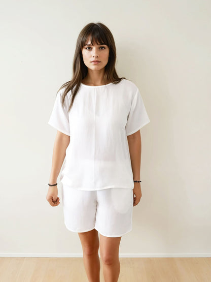 Women T-Shirt & Shorts Set - 100% Natural Satin Sleepwear (0% Polyester) - Myabi
